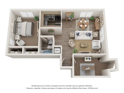 Floor plan for 1 bed, 1 bath, 1050 sqft